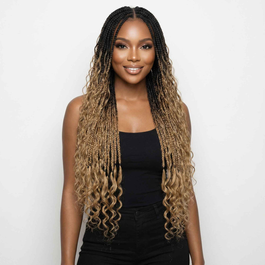 Honey Blonde Ombre Deep Wave Boho Braids with Human Hair Blend